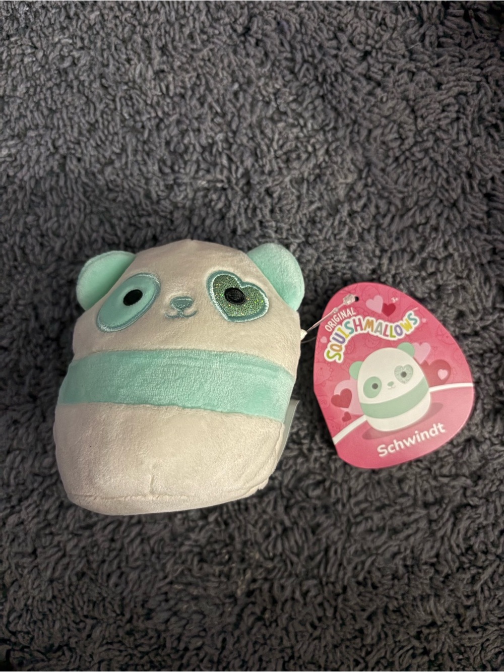 NWT Squishmallows teal and white striped bear whose name is Schwindt
